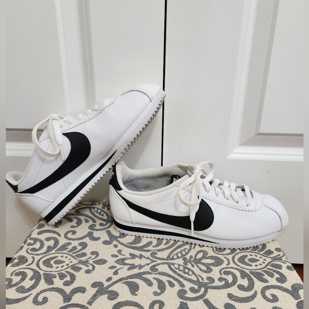 Nike White Leather Cortez Sneakers with Black Swoosh 2018